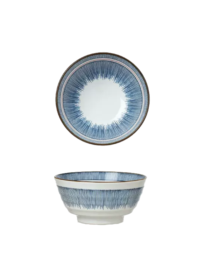 White bowl, striking blue radial stripe, gray backdrop. | Vit skål, slående blå radialrand, grå bakgrund.