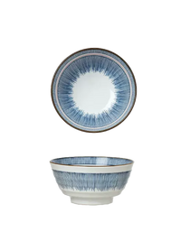 White bowl, striking blue radial stripe, gray backdrop. | Vit skål, slående blå radialrand, grå bakgrund.