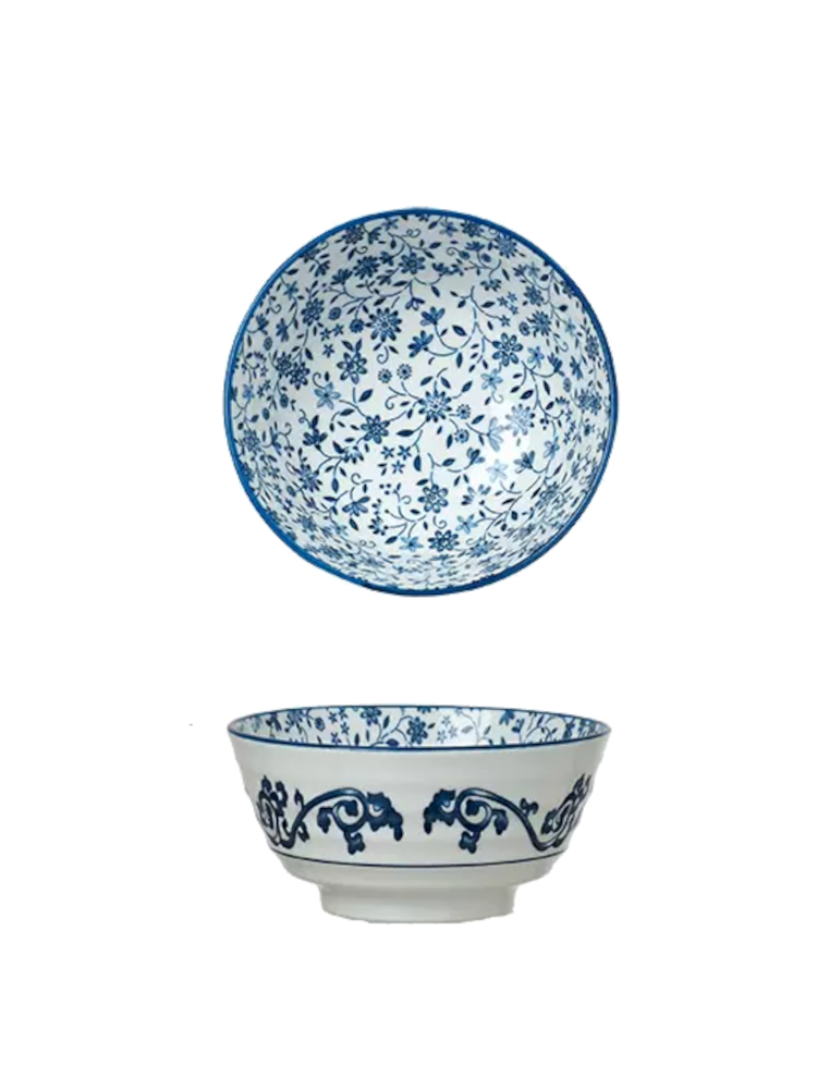 Aerial view of blue floral-patterned bowl, part of Japanese collection. | Flygvy över blå blommönstrad skål, del av japansk kollektion.
