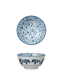 Aerial view of blue floral-patterned bowl, part of Japanese collection. | Flygvy över blå blommönstrad skål, del av japansk kollektion.