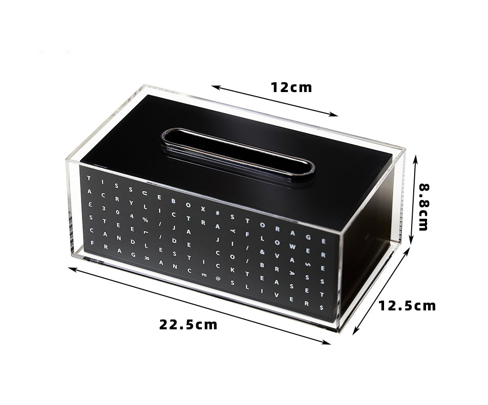 Black acrylic tissue box with measurements. | Svart akryl näsduksask med måttangivelser.